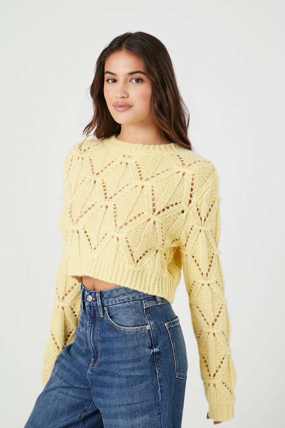 Cropped Pointelle Knit Sweater